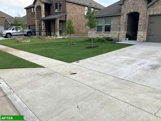 Front yard after lawn leveling, smooth new sod and even grade