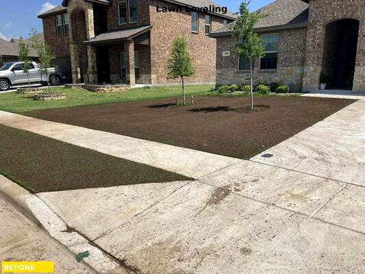 Same yard before leveling, bare dirt and uneven grade